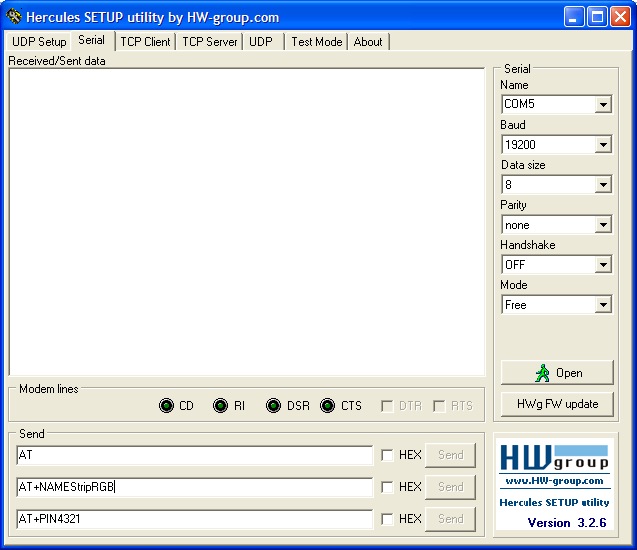 Figura 7: Schermata del Software Hercules per programmazione del modulo Bluetooth HC-06.