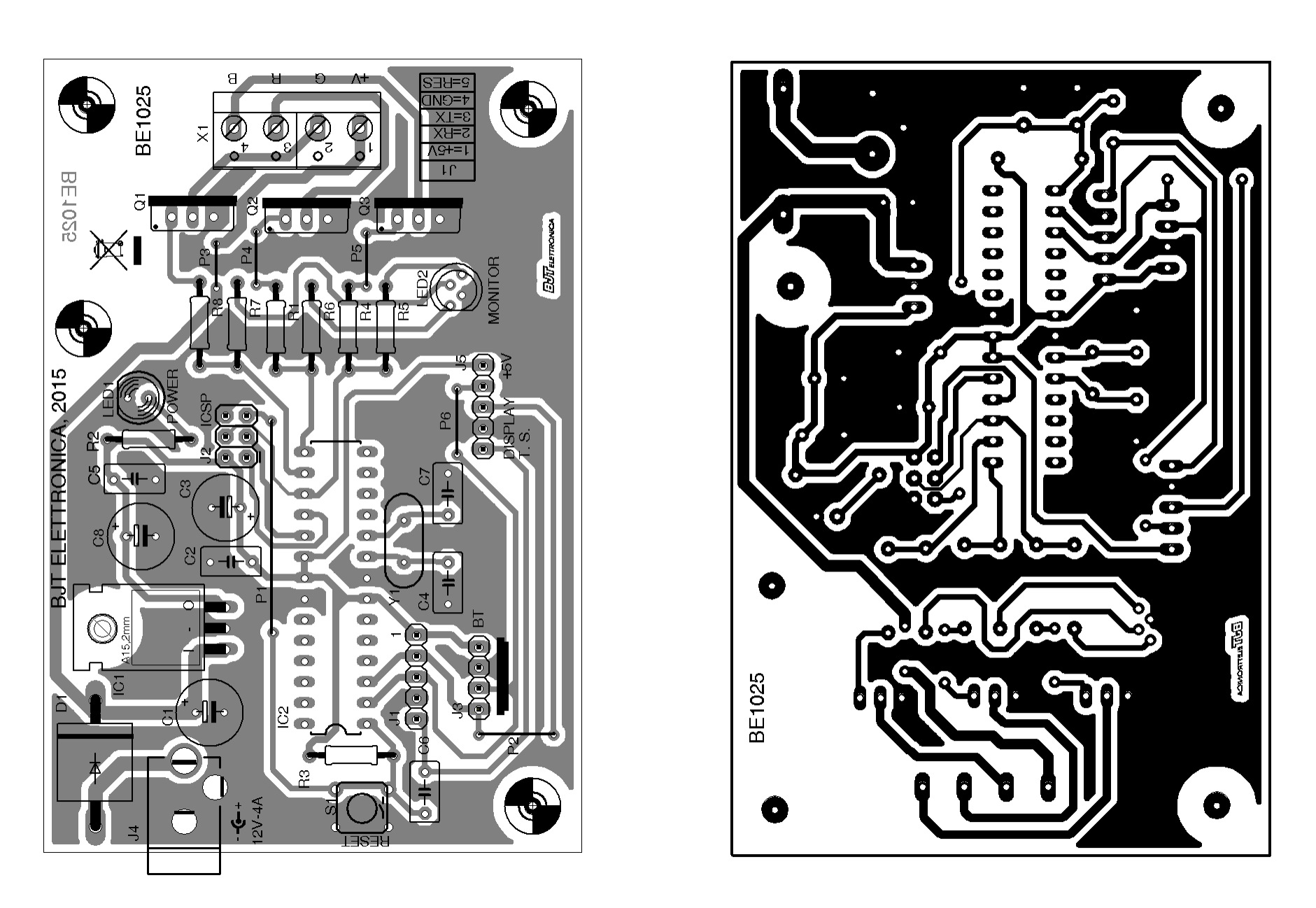 Figura 8: A sinistra piano di montaggio a destra master del circuito stampato della scheda di controllo degli Strip LED RGB.