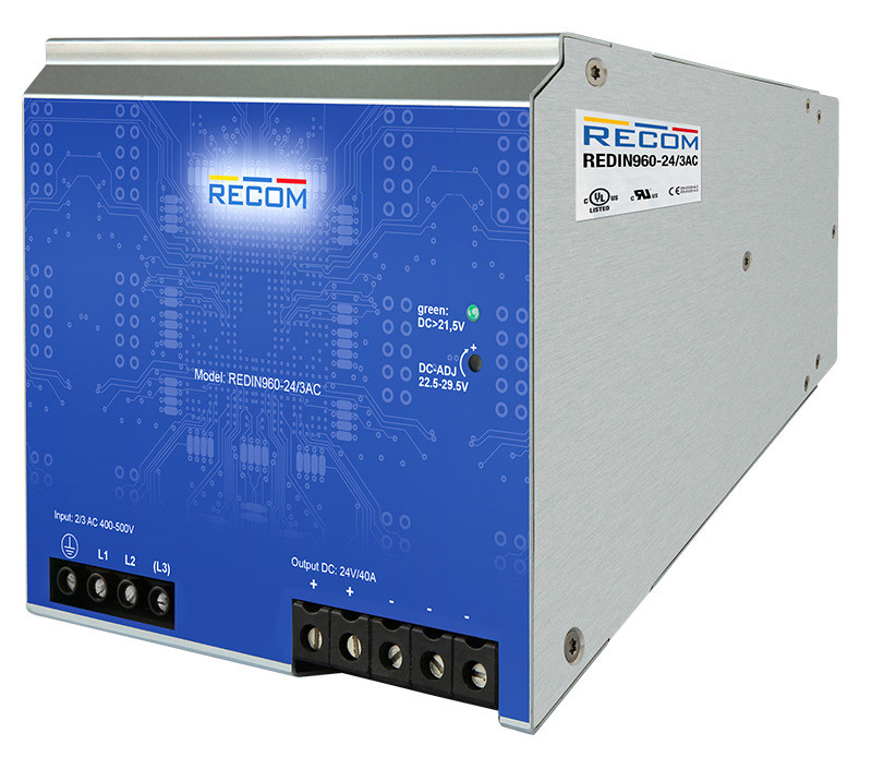 l’alimentatore della RECOM REDIN960-24/3AC ha una potenza di ben 960 W e può erogare fino a 40A con un isolamento di 4,24 kV